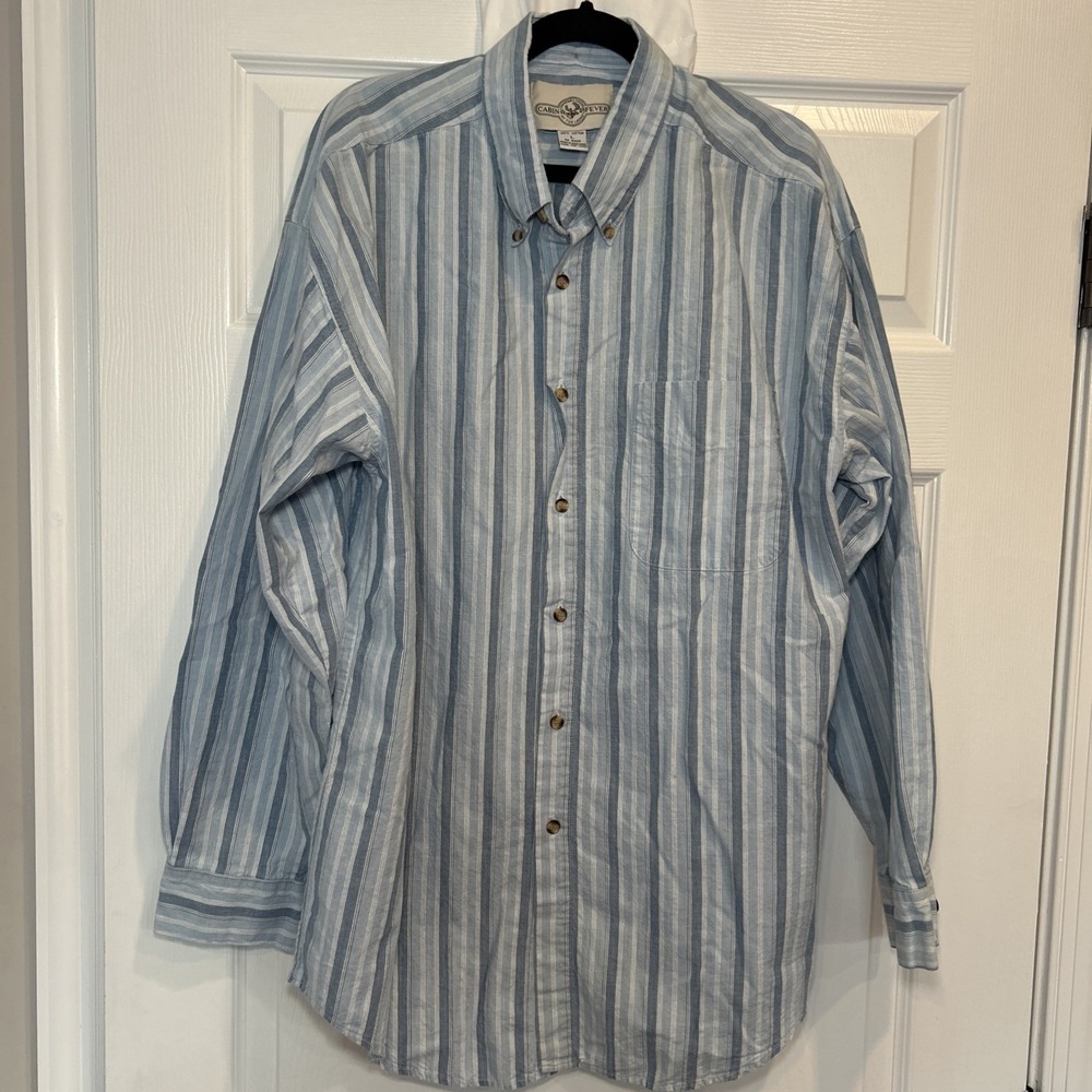 Men's Large Cabin Fever 100% Cotton Button Down Shirt Blue‎ Vertical Stripes